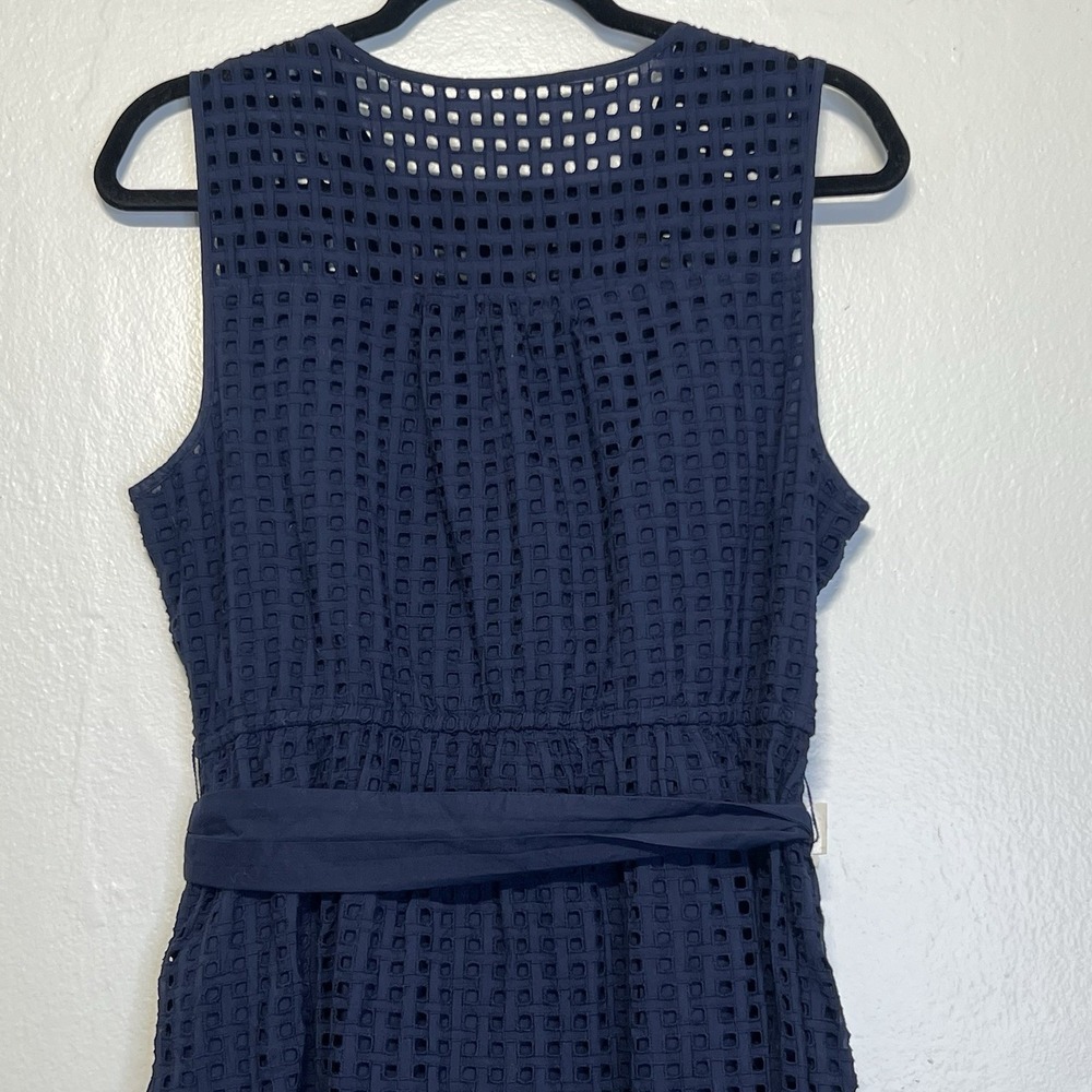 J. Crew Navy Blue Sleeveless Eyelet Dress Sz 12 A-Line‎ Flounce Hem Tie Waist - Picture 7 of 15